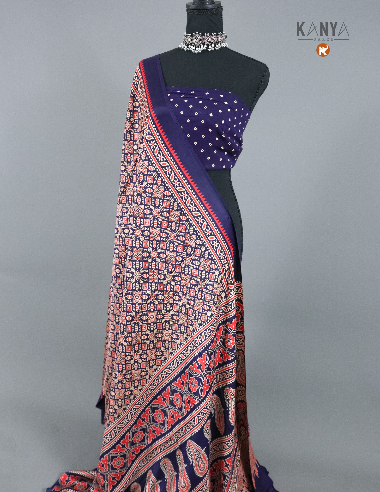 Dark Blue Ajrakh Block Printed Modal Silk Saree