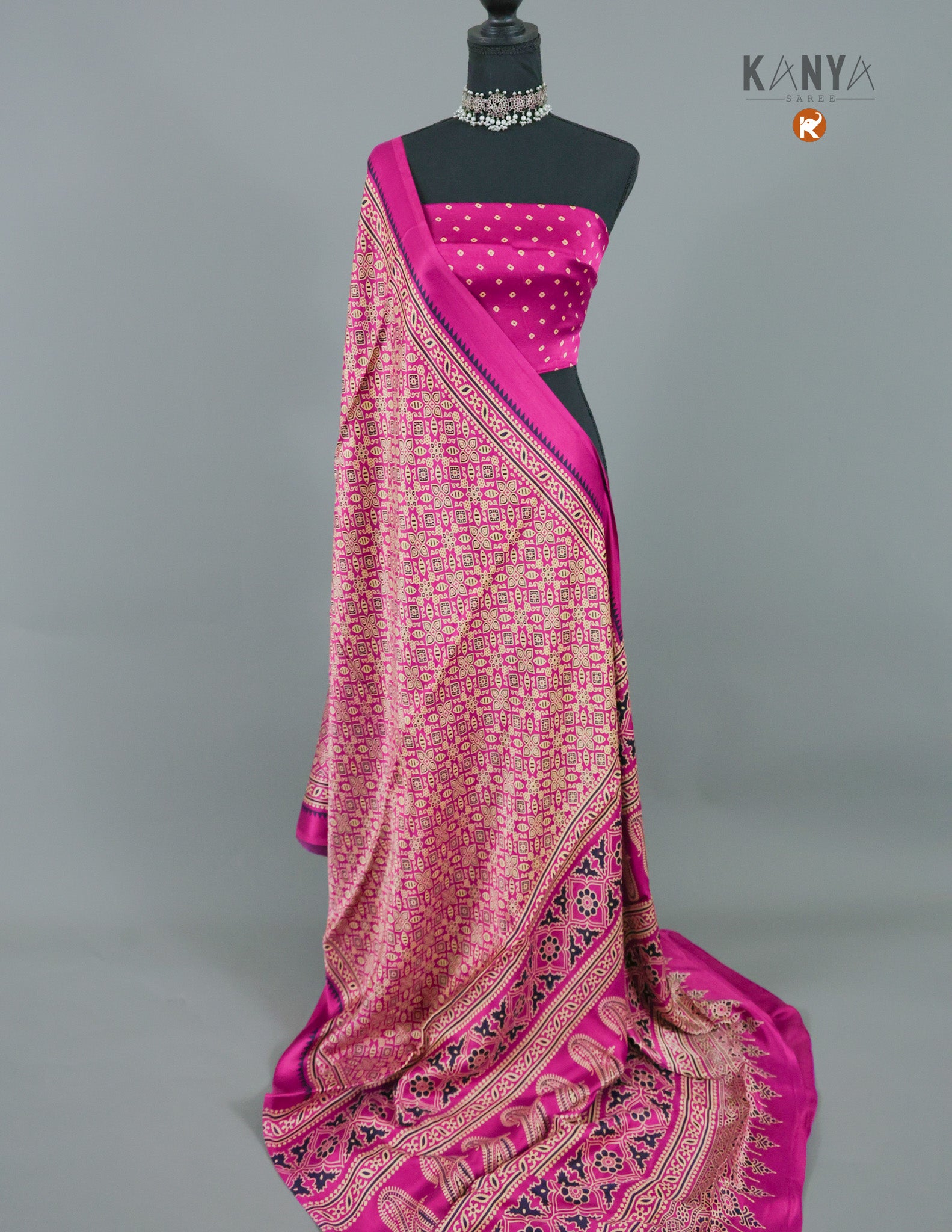 Magenta Color Ajrakh Block Printed Modal Silk Saree