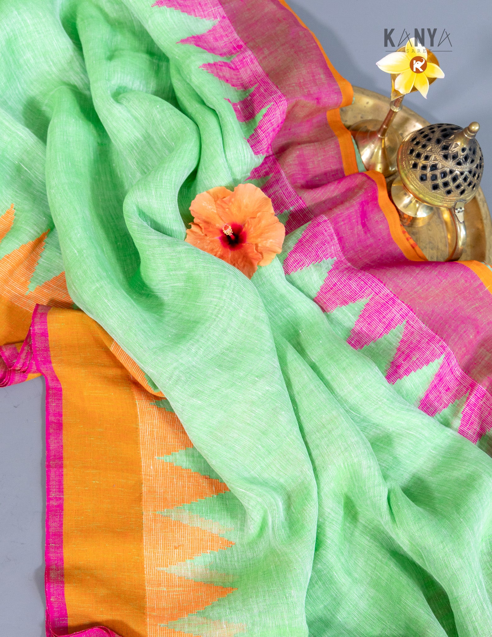 Handwoven Pure Linen by Linen Saree with Temple Border | Elegant Traditional Saree