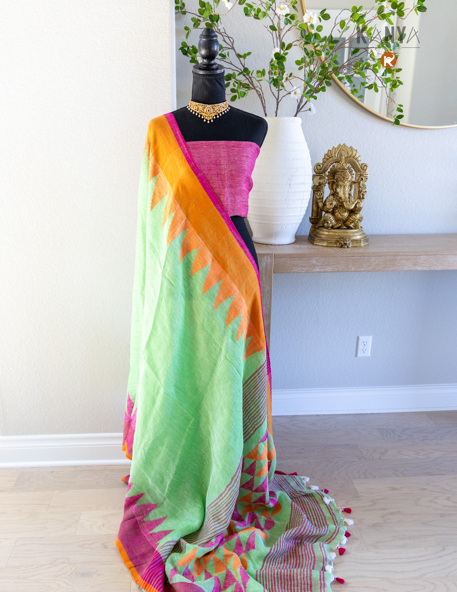 Handwoven Pure Linen by Linen Saree with Temple Border | Elegant Traditional Saree