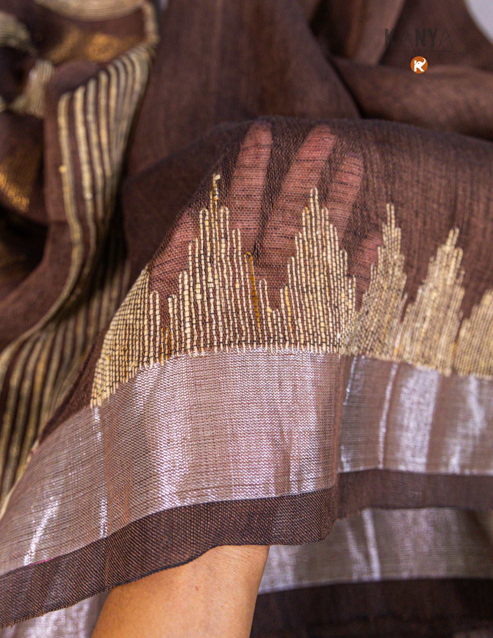 Handwoven Pure Linen by Linen Saree with Temple Border | Elegant Traditional Saree